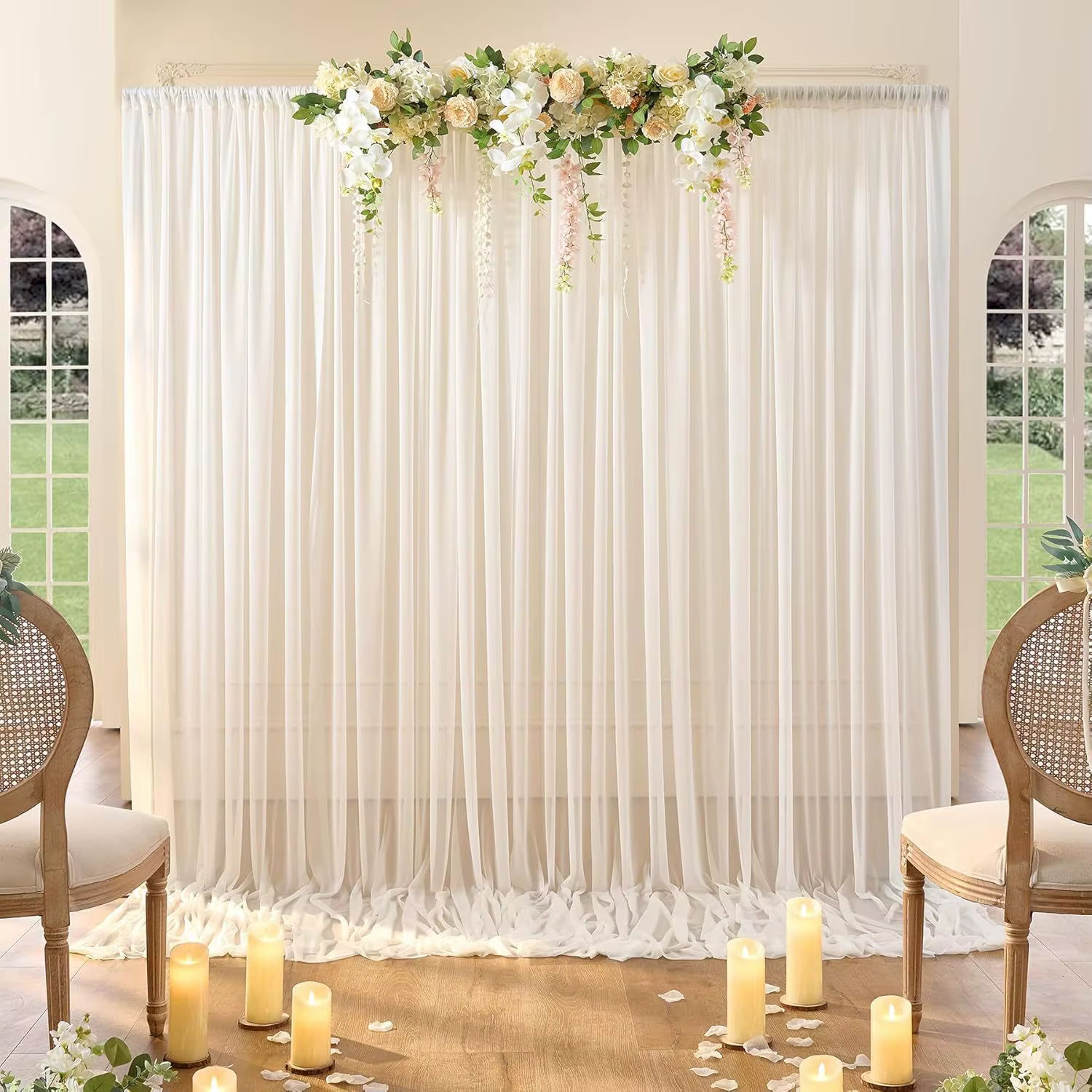 Rideaux d'arrière-plan en mousseline de soie blanche, rideaux en tissu froissé pour arc de mariage, 