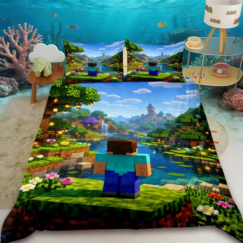Housse de couette Minecraft 2/3 pièces, motif dessin animé mignon, ensemble de literie avec 1/2 taie