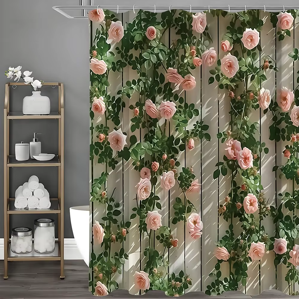 Rideau de douche à motif de roses roses et de feuilles vertes, rideau de douche décoratif pour salle