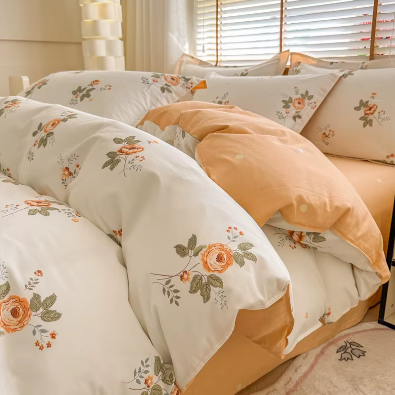 Parure de lit vintage à motif floral rose 100 % coton, housse de couette respirante et infroissable,