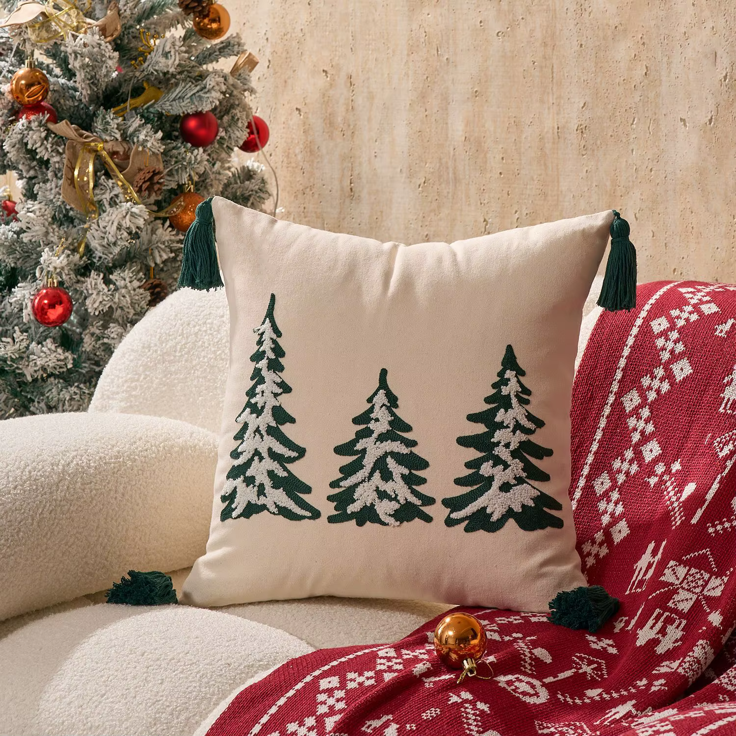 Serviette brodée arbre de noël, taie d'oreiller Cojines, décoration de salon de vacances, housse de 