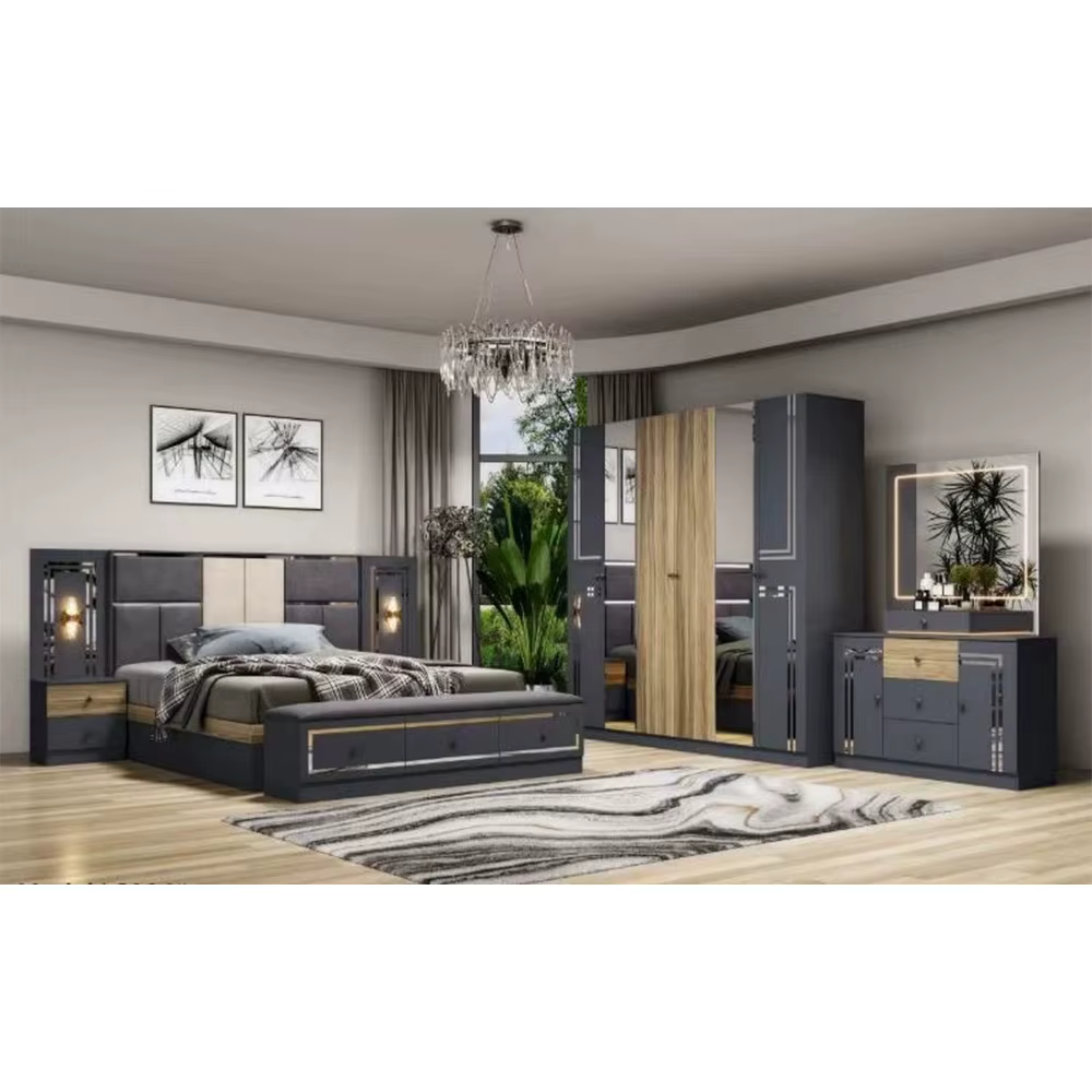 Ensemble de chambre à coucher de style turc de luxe MANBAS – Lit double avec matelas en latex, table