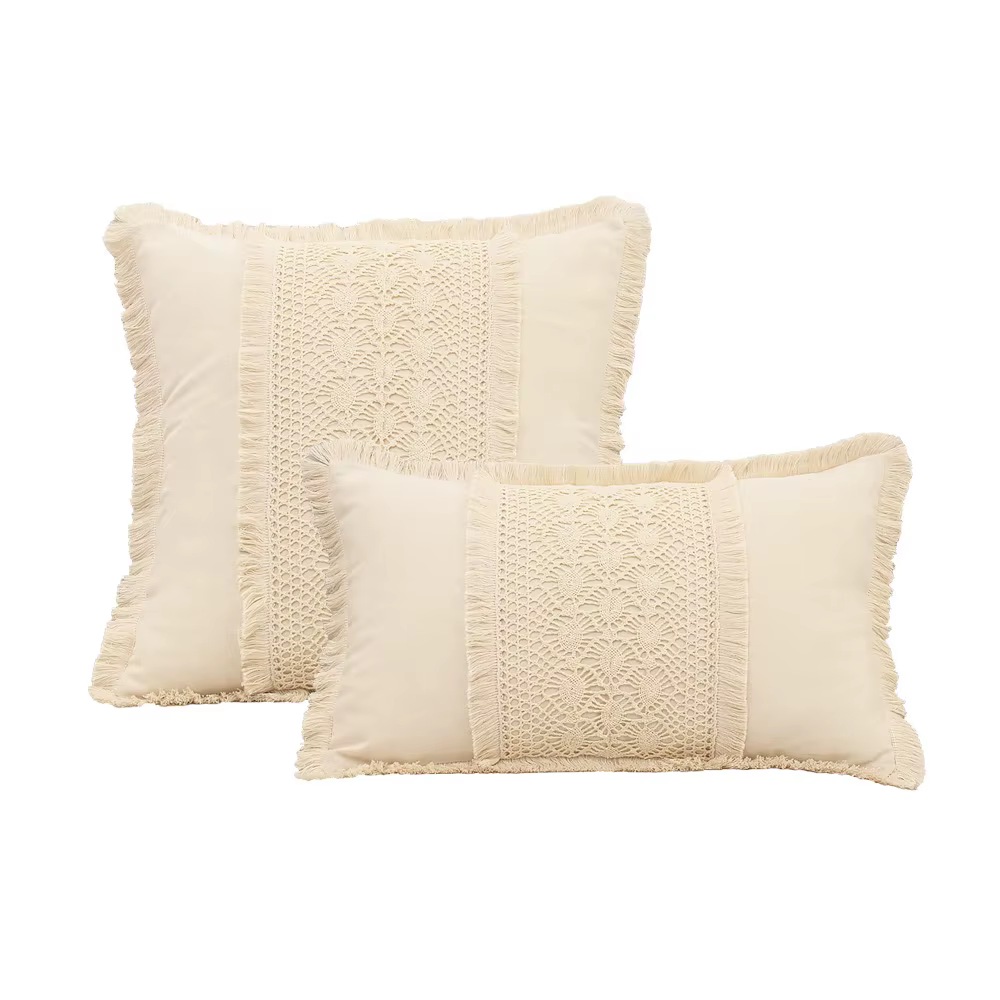 Housse de coussin bohème en coton et lin au Crochet, Beige, Vintage, bord de pompon, taie d'oreiller