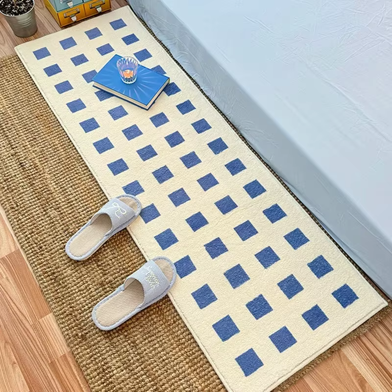 VIKAMA Ins – tapis de chambre à coucher, Long à carreaux bleu frais, doux et confortable, pour chamb