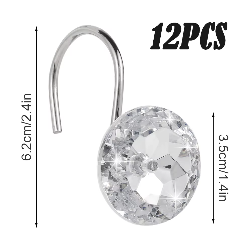 Crochets de rideau de douche en cristal acrylique antirouille, diamant rond, anneaux décoratifs, 12 