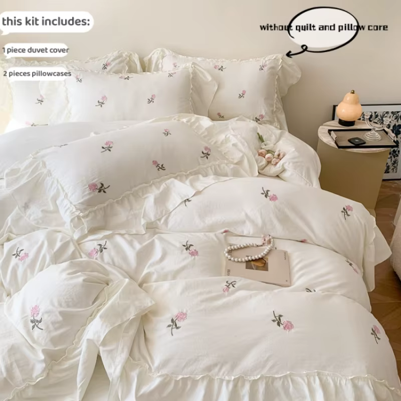 Ensemble de housse de couette brodée de roses, 3 pièces (1 * housse de couette + 2 * taie d'oreiller