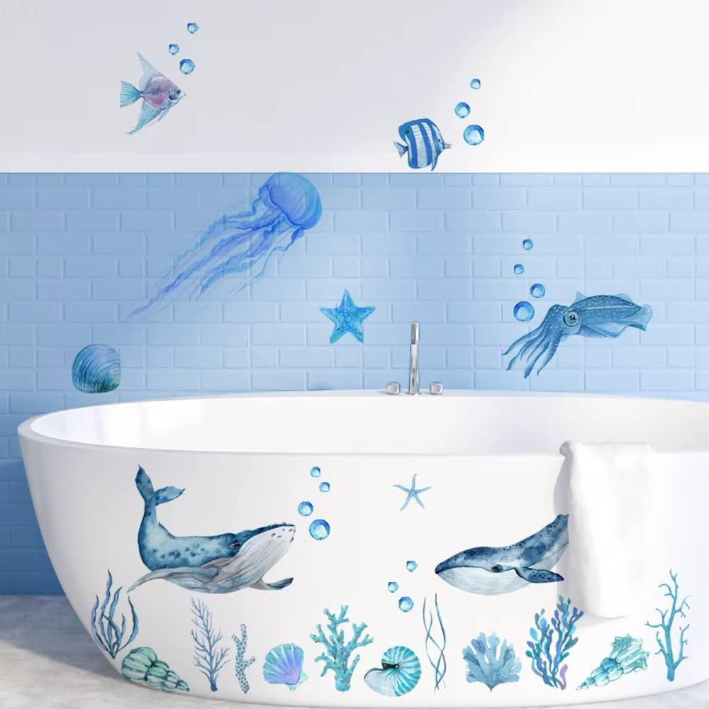 Autocollants muraux pour baignoire, ornement d'animaux sous-marins, méduses, bulles, autocollants mu