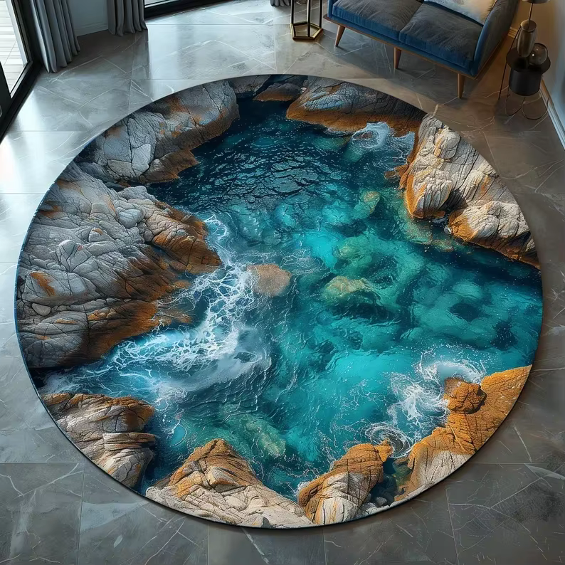 Tapis rond marron Ondes de l'océan, tapis abstrait moderne à motif tourbillonnant marron côtier pour
