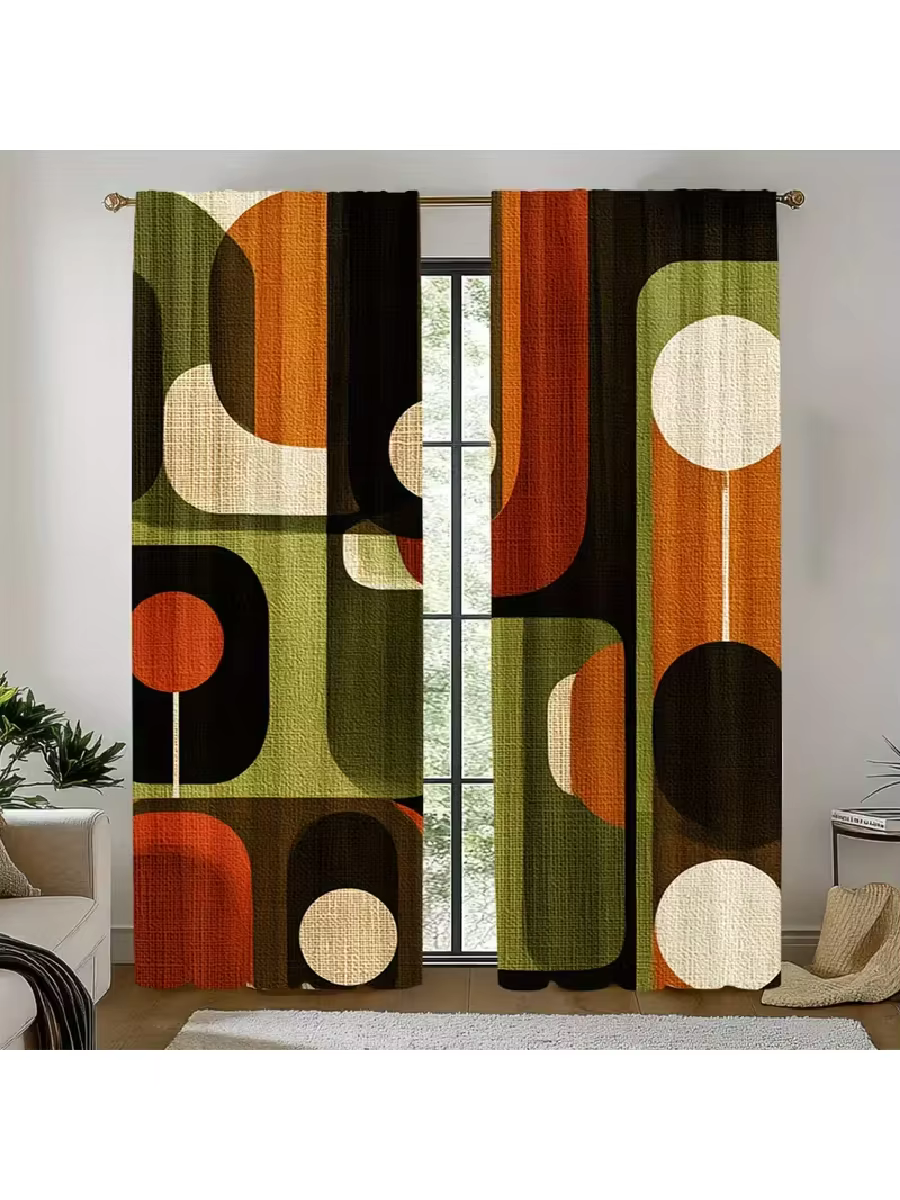 Rideaux abstraits rétro à imprimé géométrique cercle orange et vert pour salon, chambre à coucher, f