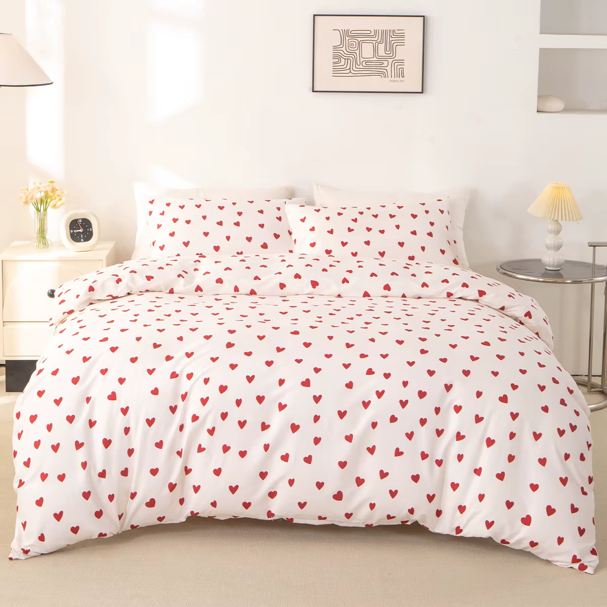 3 pièces/ensemble petit coeur rouge imprimé housse de couette (1 housse de couette et 2 taies d'orei