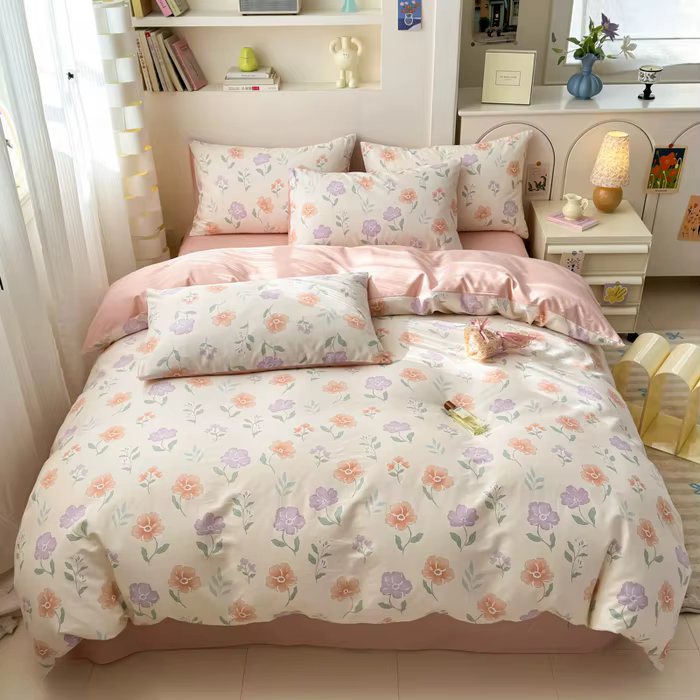 Parure de lit 4 pièces 100% coton (1 housse de couette 2 taies d'oreiller 1 drap), design de dessin 