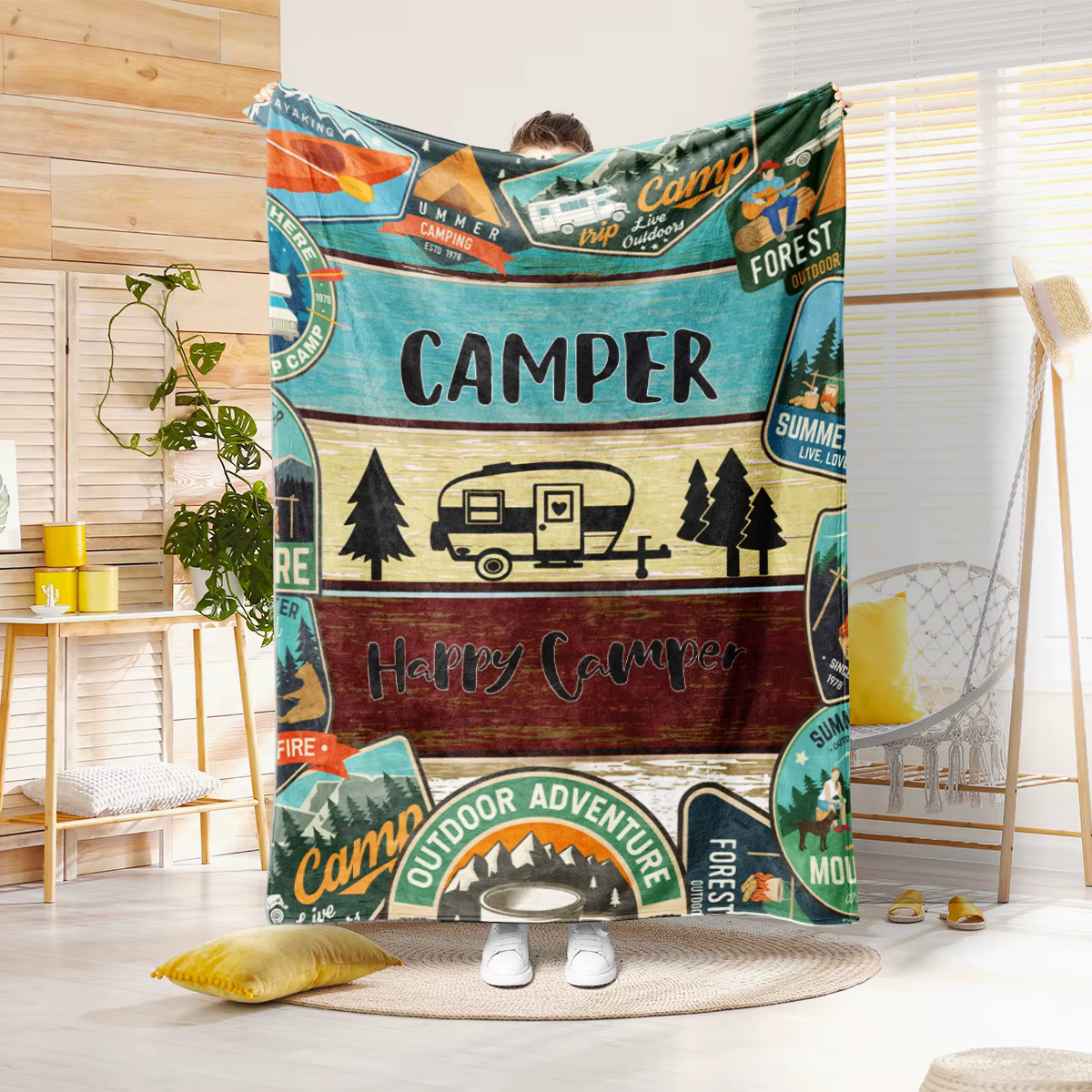 Couverture imprimée à motif de camping-car et de forêt, adaptée aux canapés, lits, bureaux, voyages,