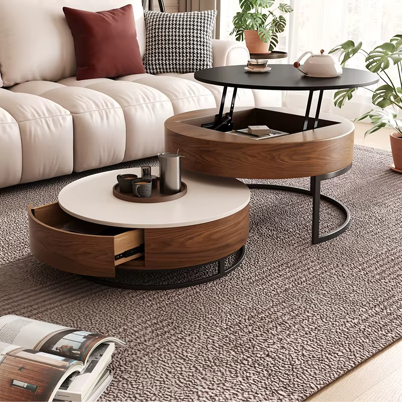 Table basse combinée en marbre blanc moderne dans le salon, levage en bois multifonctionnel avec ran