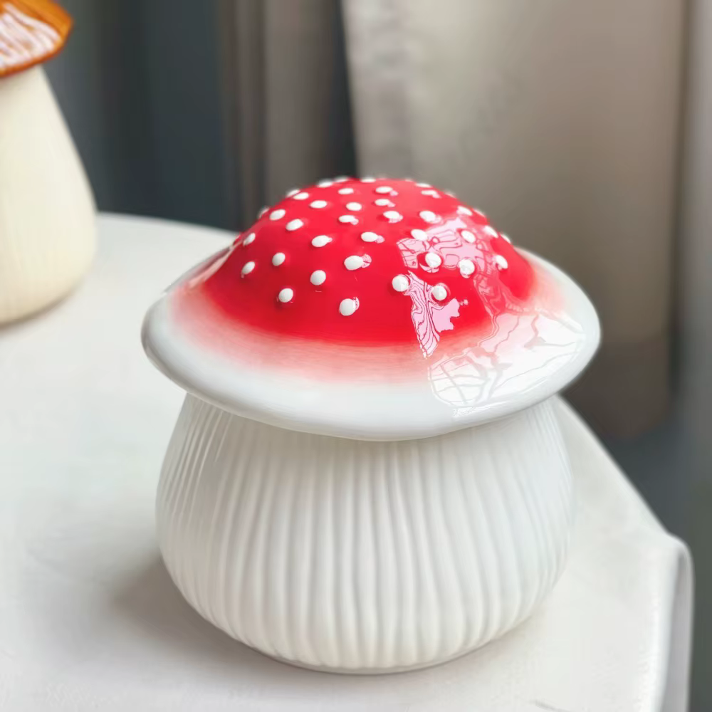 Réservoir de rangement en céramique en forme de champignon, artisanat décoratif, conteneur de rangem