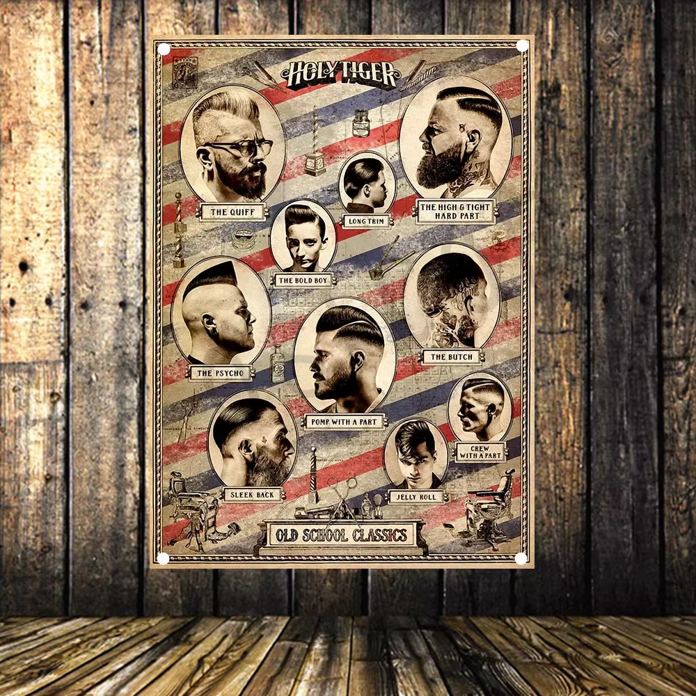 Affiche de coupe de cheveux de tatouage rétro, affiches de musique de sensation de bannière, autocol