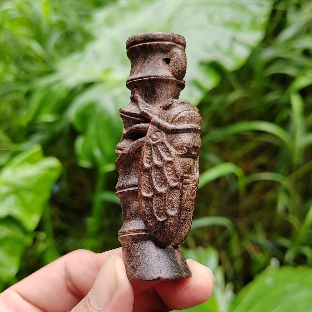 Statue de cigale en bois sculptée à la main de 3 pouces et ornement en bambou, style traditionnel, s