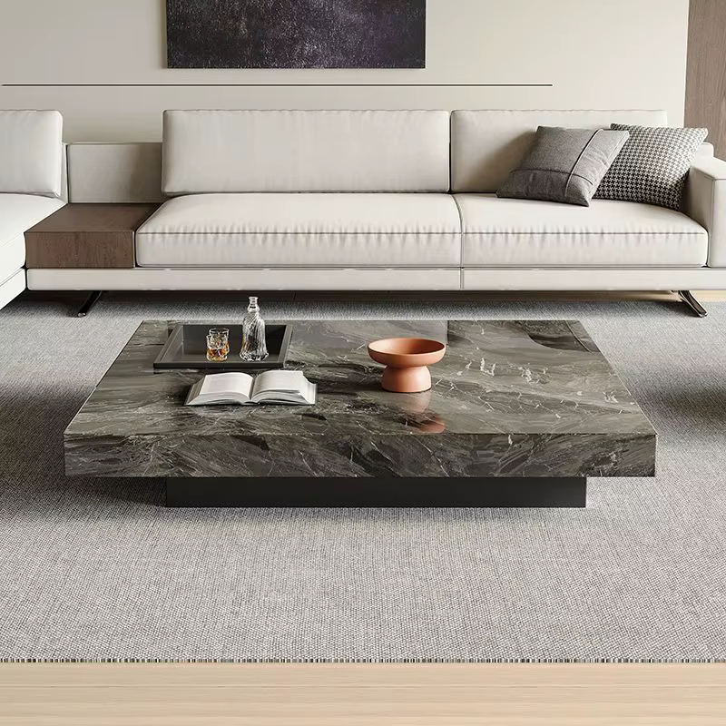 Table basse de luxe minimaliste italienne, design moderne minimaliste en pierre, base carrée en méta