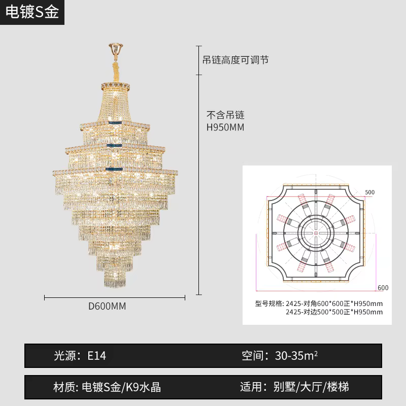 Lustre de luxe en cristal pour salon de villa, grand modèle 2026, pour escalier, mezzanine creuse, d