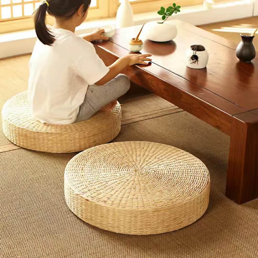 Pouf rond en paille naturelle tissée à la main, 40x40cm, Tatami, coussin de sol, Style japonais, Tex