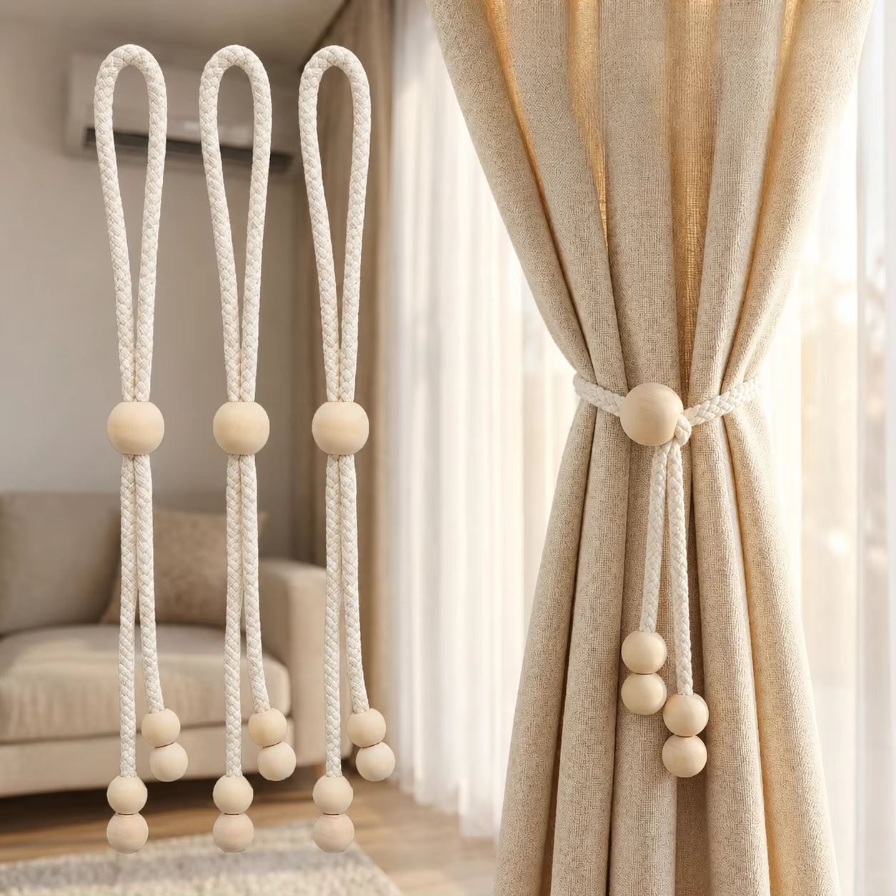 Attaches de rideau en perles de bois, 4 pièces, supports de rideau réglables pour chambre à coucher,