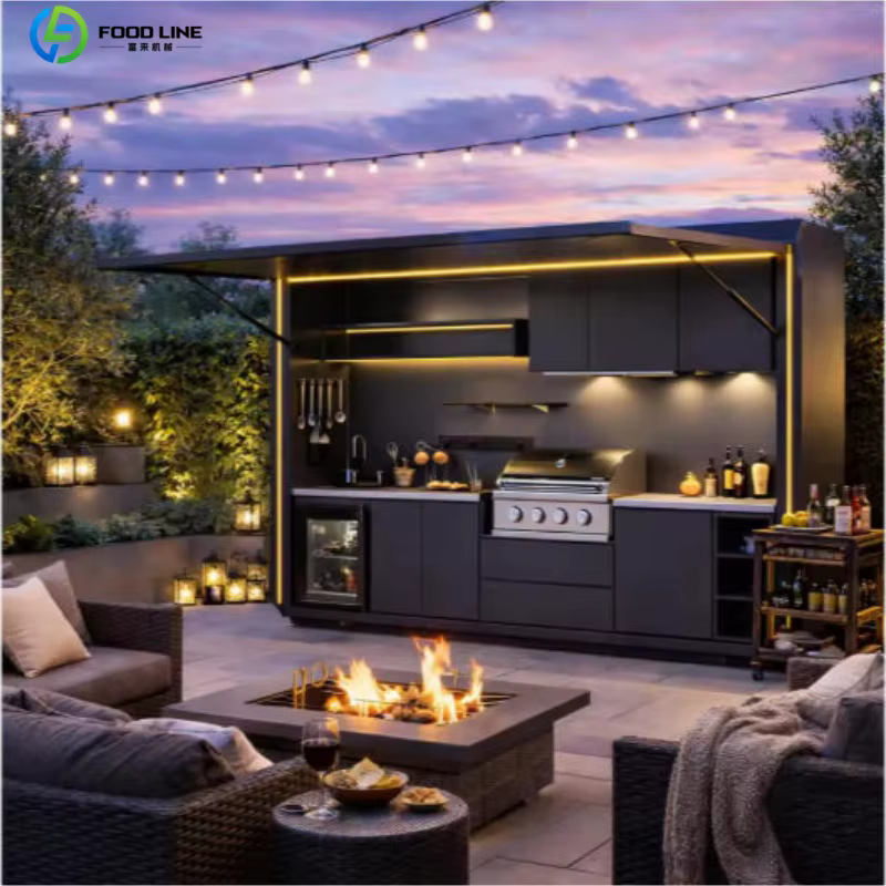Meuble de cuisine modulaire intégré, plan de travail en acier inoxydable, mobilier d'extérieur, rési