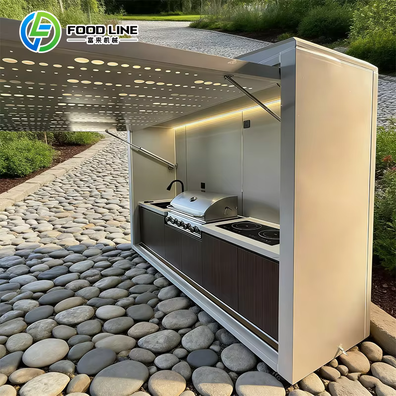 Cuisine extérieure en acier inoxydable noire avec barbecue, ensemble complet, abri de cuisine BBQ ex