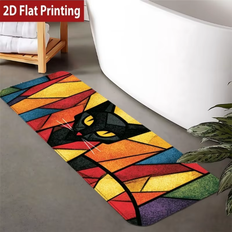 Tapis de bain antidérapant et lavable motif chat noir style vitrail, tapis de couloir durable pour s
