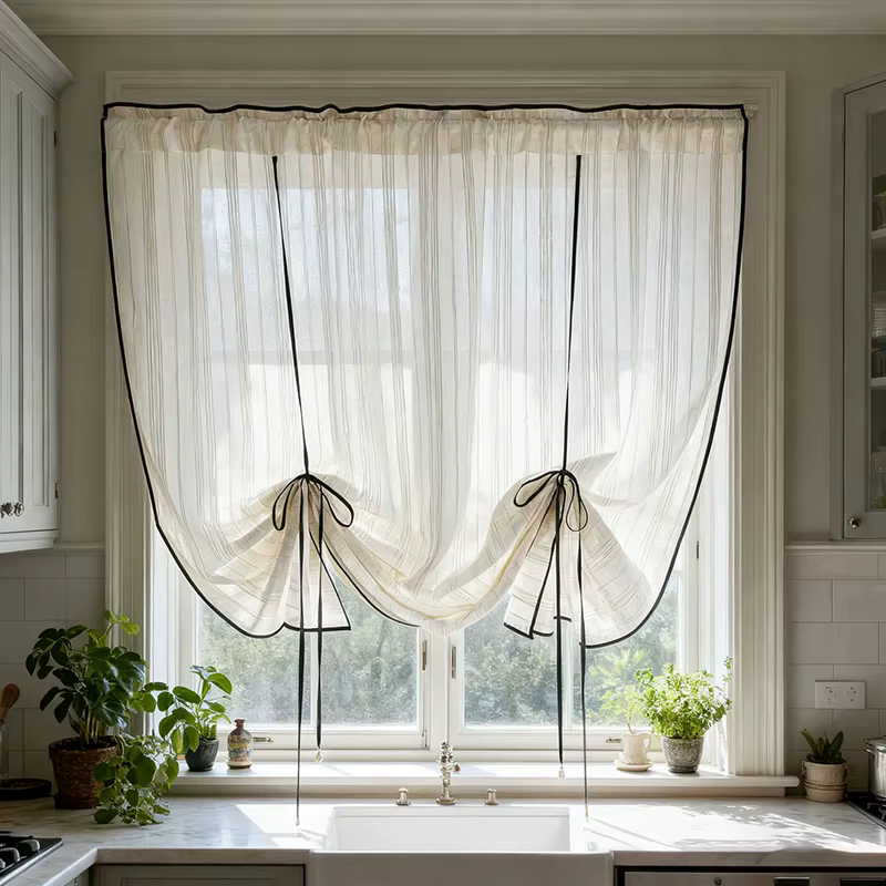 Voilage Rétro Français Rayé Beige Semi-Transparent Anti-Poussière pour Cuisine, Salon ou Porte