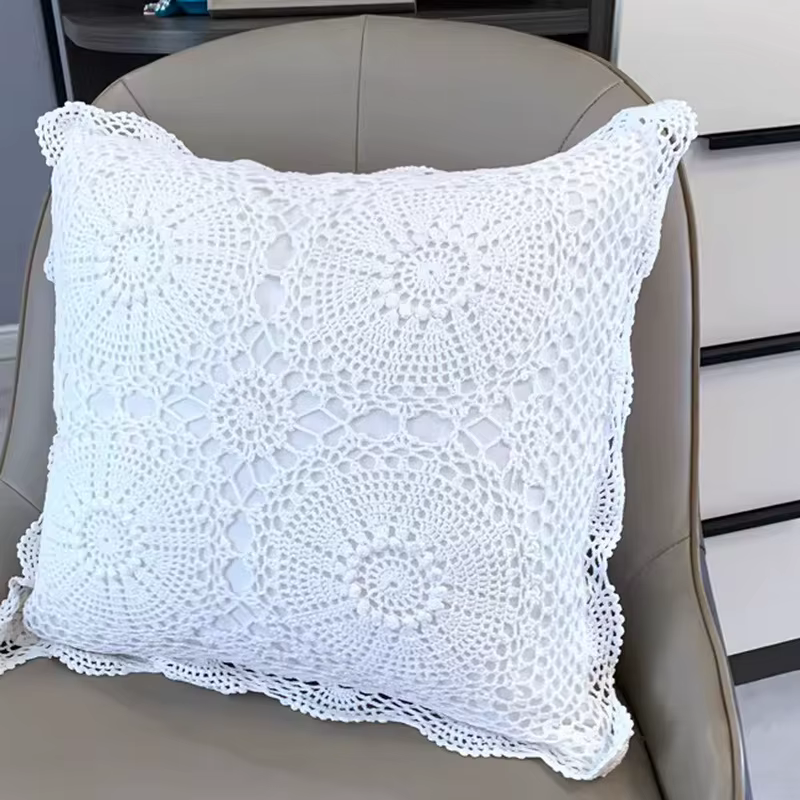 Housse de coussin en crochet faite à la main Junwell, motif floral ajouré, style bohème, rétro, déco