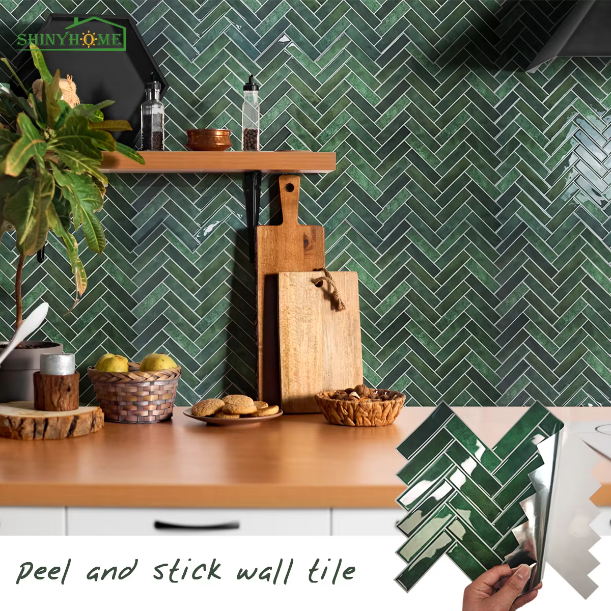 Carrelage mural auto-adhésif 3D à chevrons vert, résistant à la chaleur, pelable, dosseret de cuisin