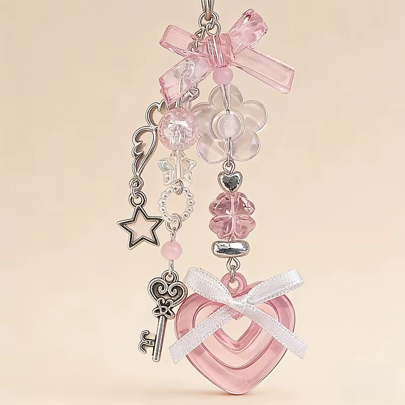 Breloque de téléphone gothique rose avec nœud, cœur et étoile, pendentif porte-clés, chaîne de télép