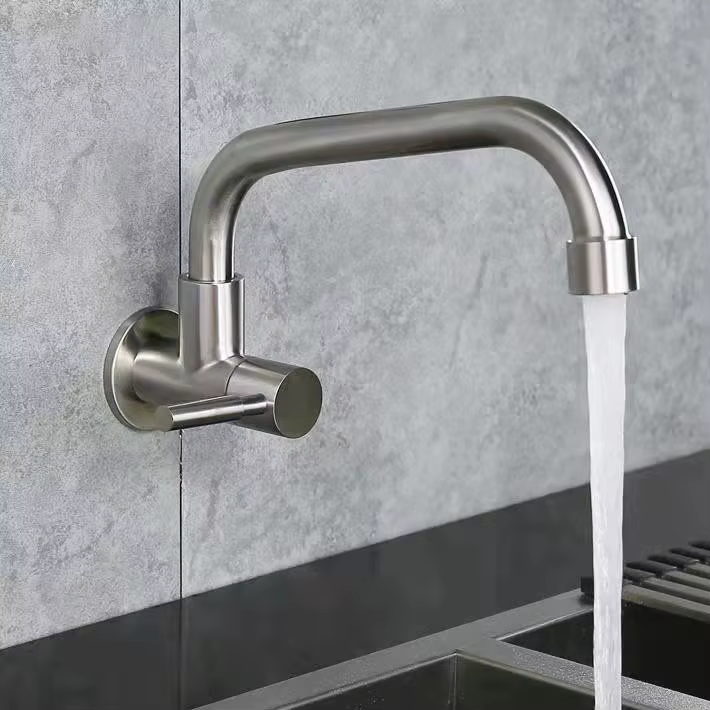 Robinet d'Eau Froide Simple Mural en Acier Inoxydable, Accessoire à Courbe betérieure, de Qualité Su