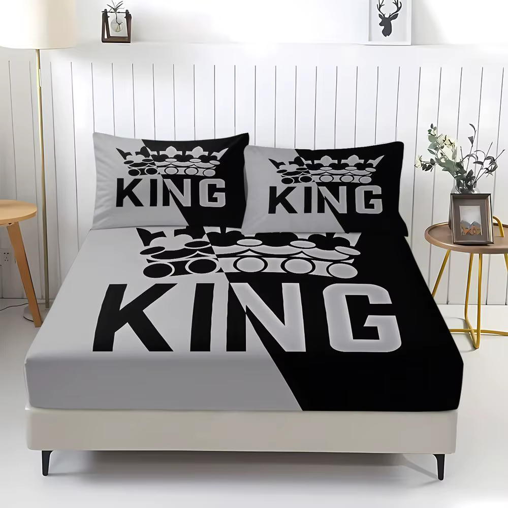 Ensemble de draps ajustés avec imprimé graphique King Crown, 1 drap ajusté + 2 taies d'oreiller, ens
