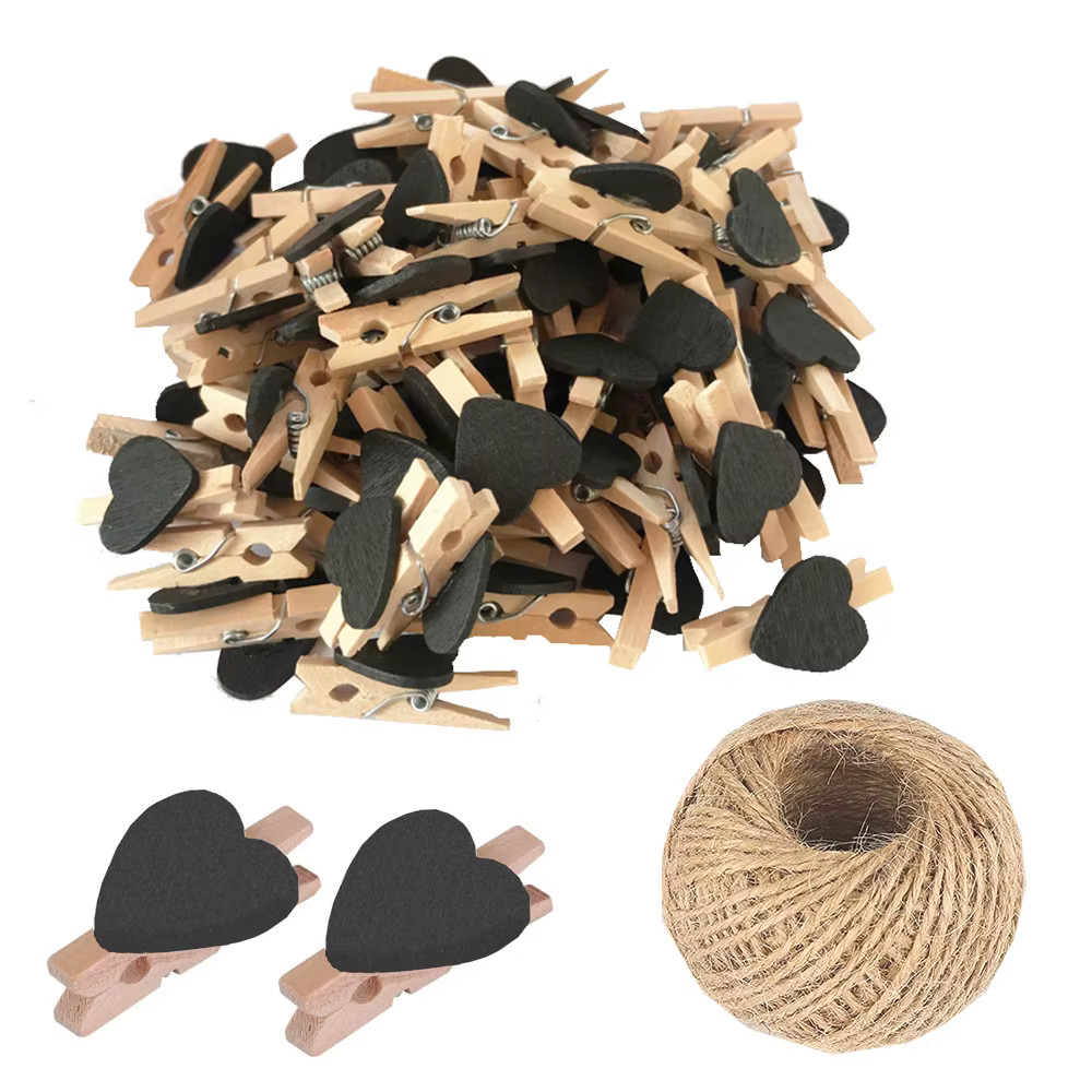 Mini pinces à linge en forme de cœur en bois, pinces à photos multicolores de 3cm avec ficelle pour 