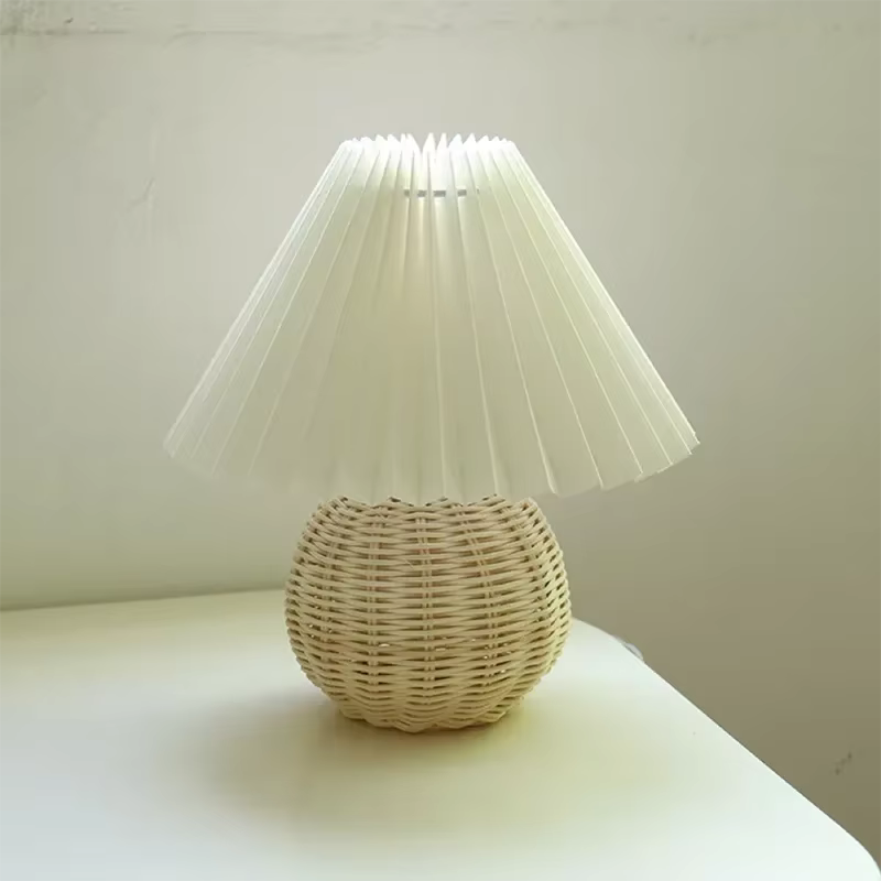 Lampe de table en rotin vintage, lampes de table coréennes pour chambre à coucher, lumière de salon,