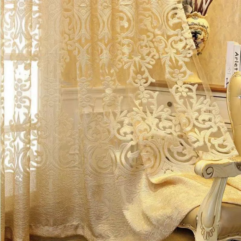 Rideaux de luxe en Tulle brodés d'or européen, pour salon, Voile Jacquard, Semi-transparent, porte f