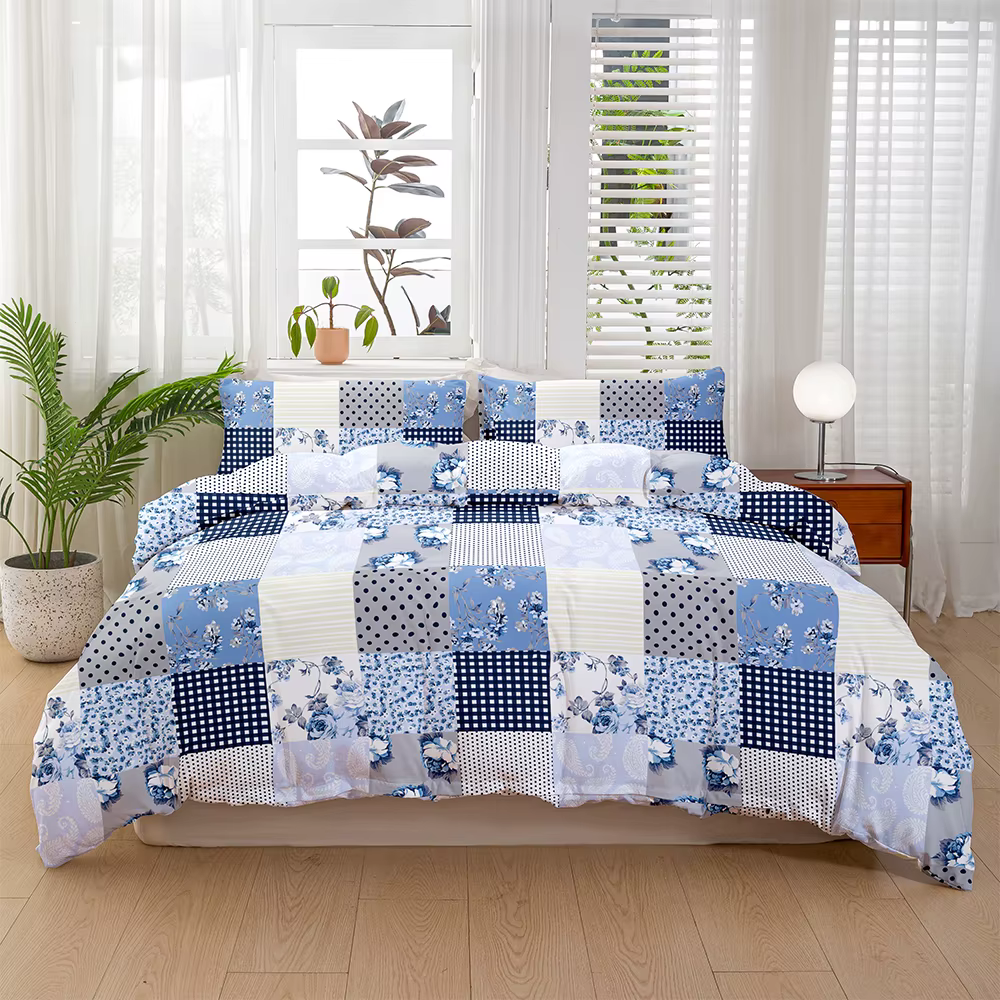 Ensemble de housse de couette imprimée à pois et à fleurs bleues, 3 pièces, style patchwork, doux et
