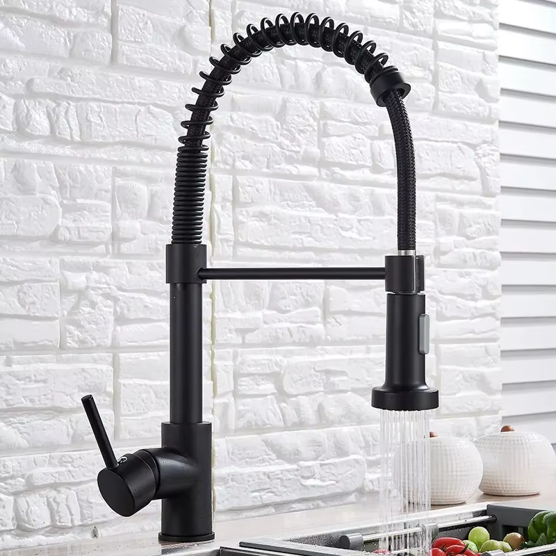 Robinet de cuisine en laiton brossé, robinet de cuisine à levier unique, bec extractible à ressort, 