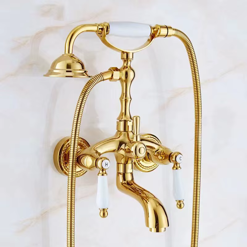 Robinet de salle de bains de luxe européen doré, robinet de baignoire en cuivre, ensemble de douche,