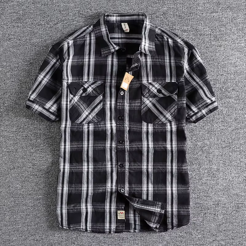 Chemise à carreaux vintage classique pour hommes avec double poches, design rétro et tendance, stree