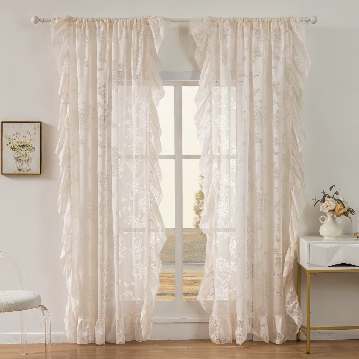 Rideau en dentelle vintage français, style princesse, design ajouré, installation facile, décoration