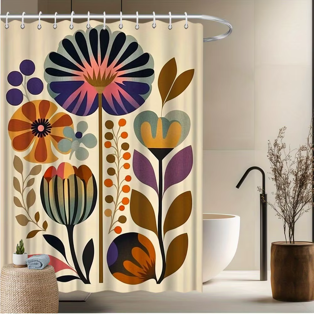Rideau de douche moderne du milieu du siècle – Art floral abstrait aux couleurs vives, design botani