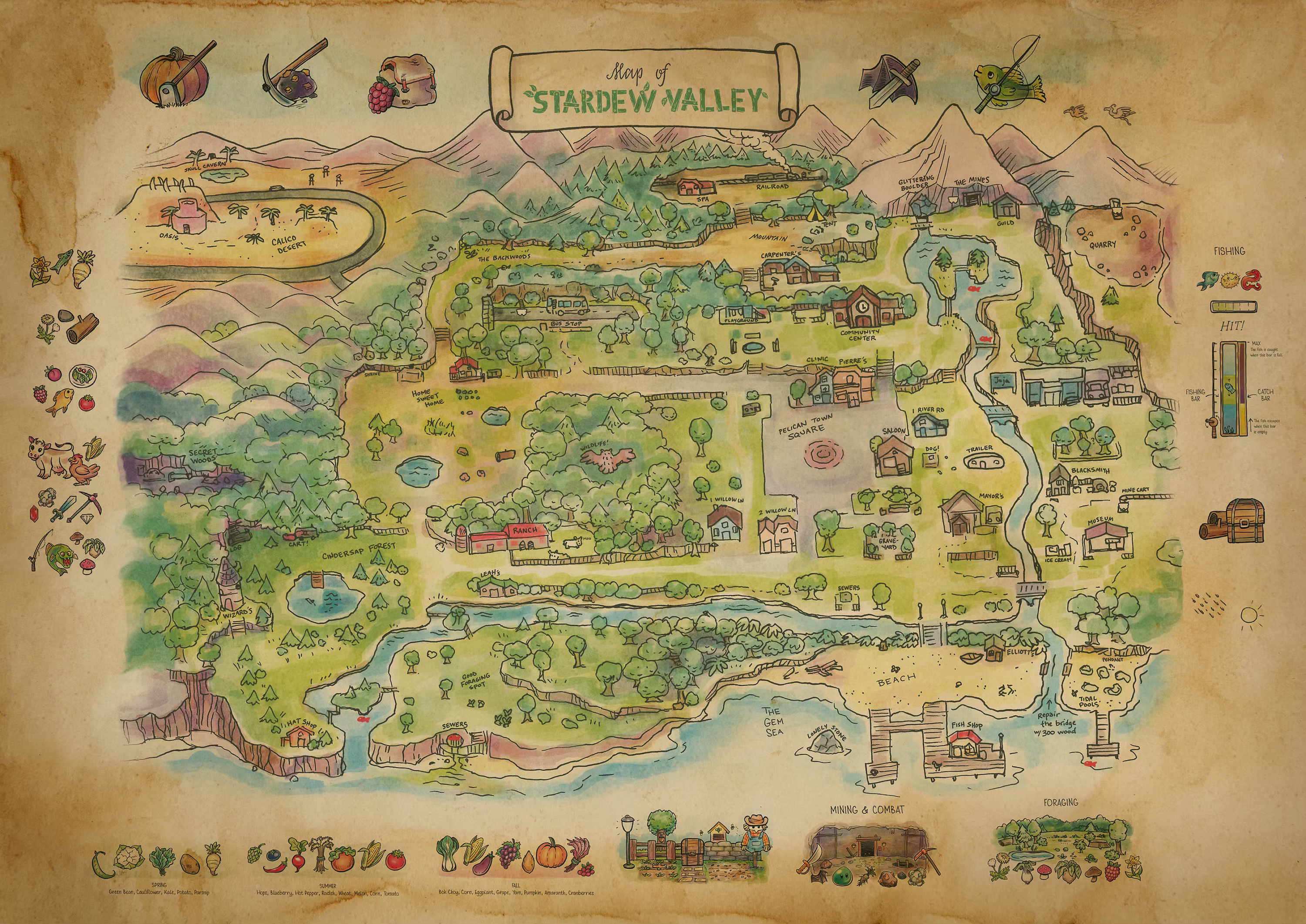 Affiche de jeu vidéo Stardew Valley, carte artistique, peinture sur toile, impression HD, art mural 