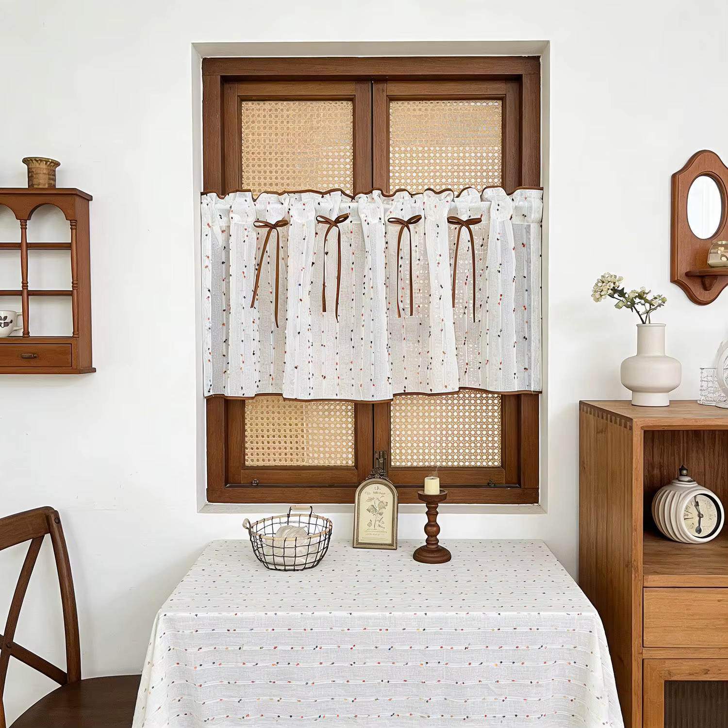 Voilage vintage style ferme en tissu Dobby, avec nœud en ruban marron, rideau court filtrant la lumi