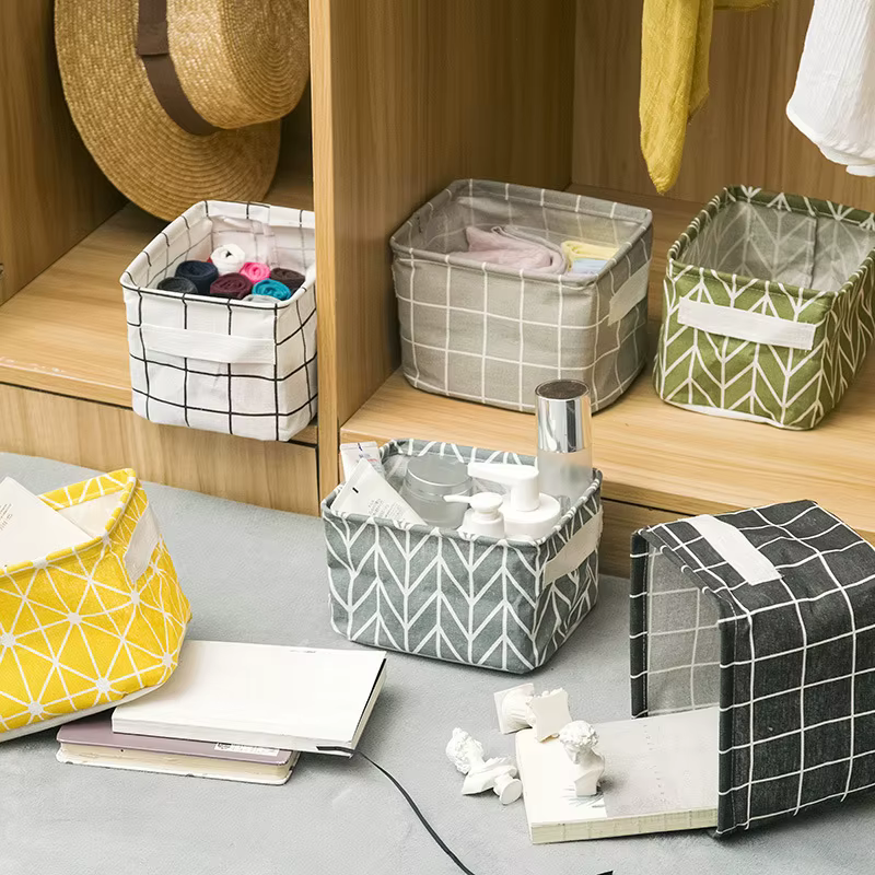 Petit panier de rangement en toile pliable avec poignée, boîte de rangement de bureau en coton et li