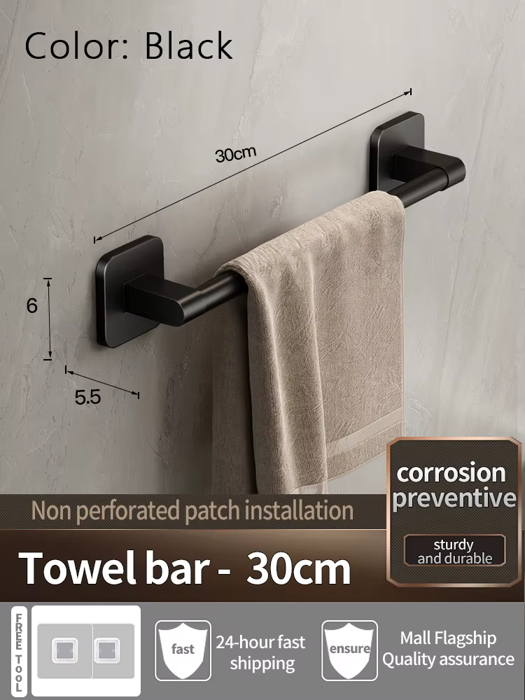 Porte-serviettes de salle de bain sans perçage, barre porte-serviettes noire auto-adhésive pour sall