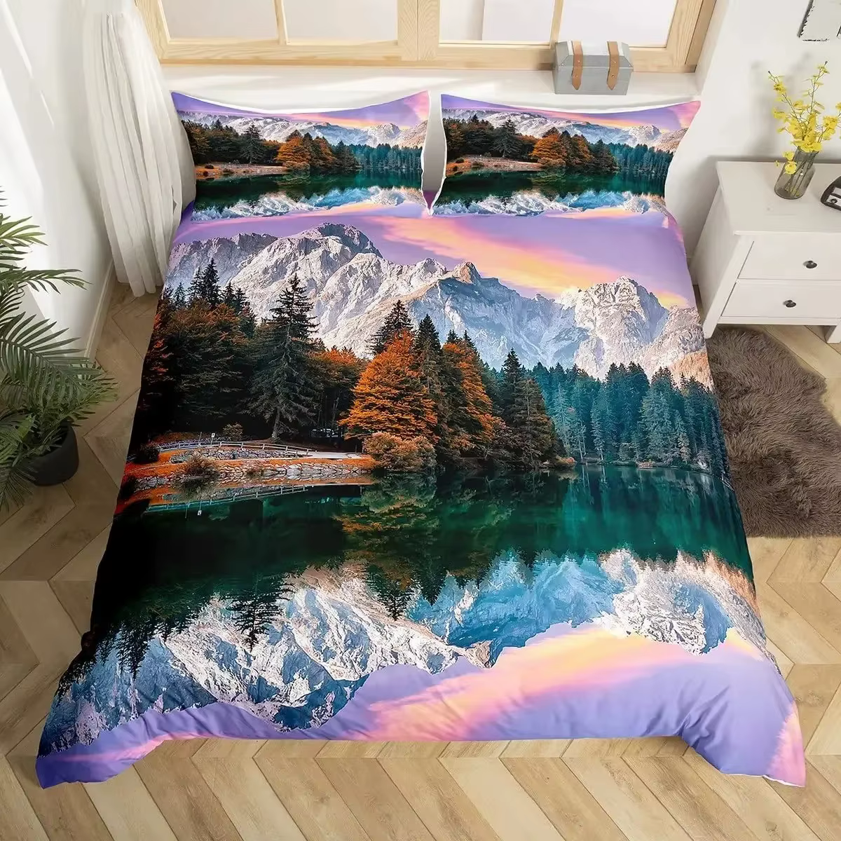 Housse de couette paysage naturel, housse de couette coucher de soleil, ensemble de literie paysage 