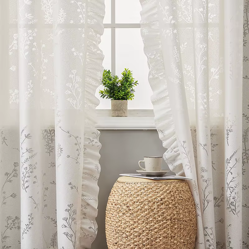Rideaux en dentelle beige, rideaux de style français en coton et lin blanc, rideaux demi-porte, ride