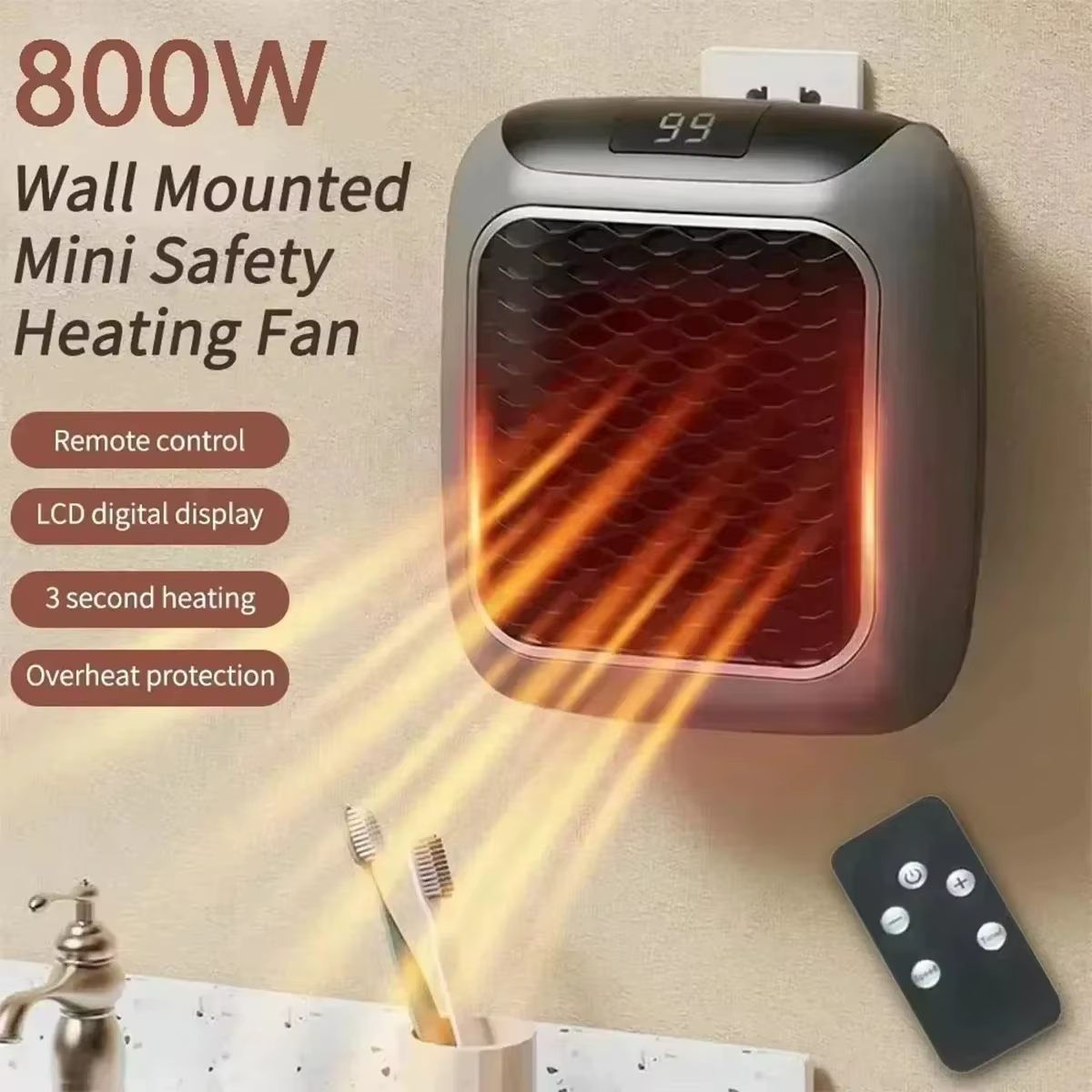 Mini radiateur mural en céramique PTC, 800W, EU/US, pour la maison, petite salle de bain, ventilateu