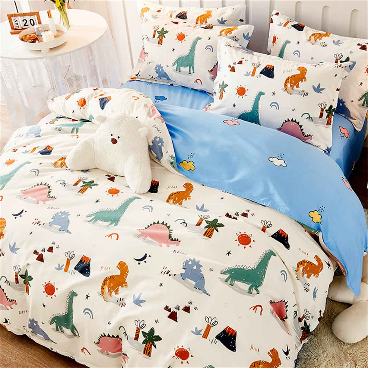 Ensemble de housse de couette pour enfants avec motif de dinosaure de dessin animé mignon, ensemble 